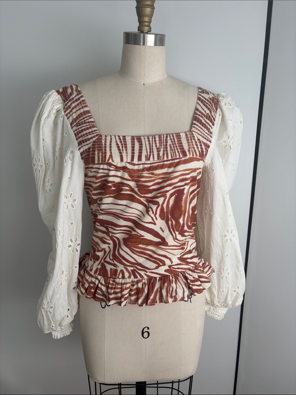 Square Neck Puff Sleeve Peplum Blouse in Rust Zebra and Cream